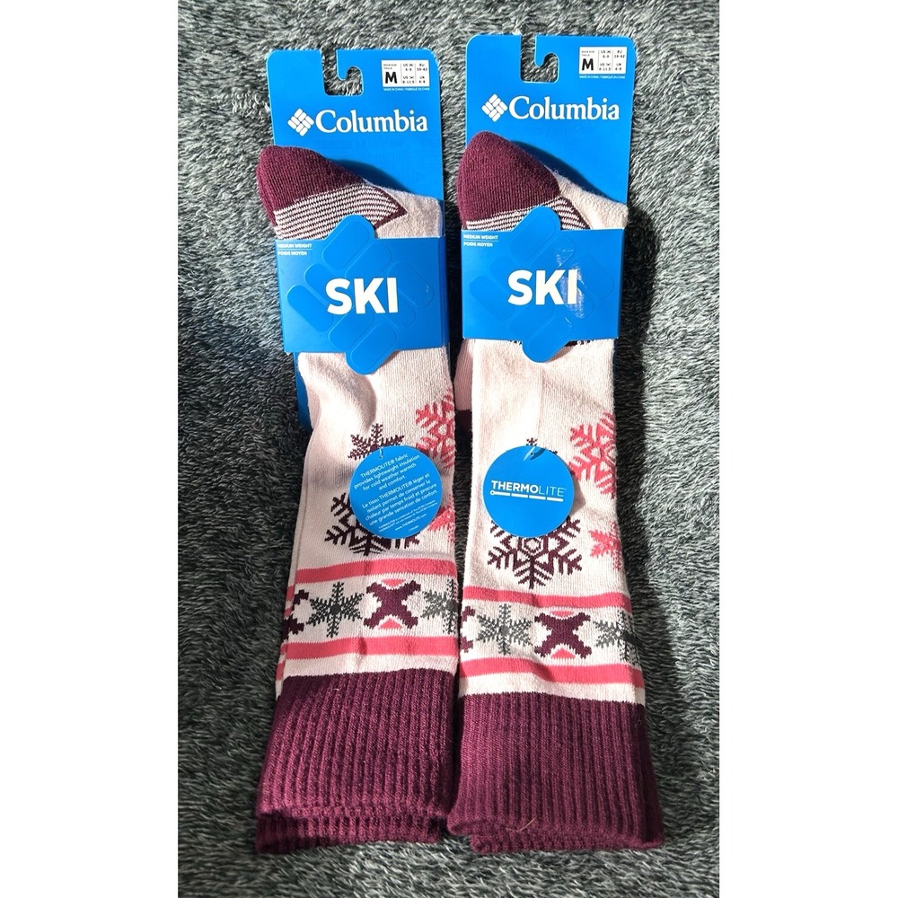 Lot of 2 Columbia Men's 6-9 Women's 8-11.5 Ski Thermolite Pink/Maroon Socks (C1)
